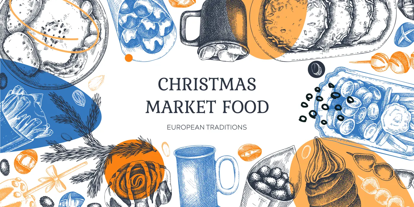 Traditional European Christmas market food sketches collection. Fast food menu design elements. Vintage hand-drawn vector illustration. Bakery, pastry, sweets, grilled meat, hot drinks sketches. Illustration